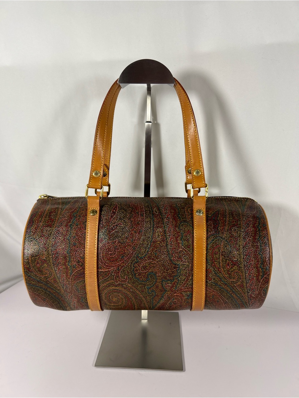 3096: Etro Paisley Barrel Bag Coated Canvas Leather Trim Italy
